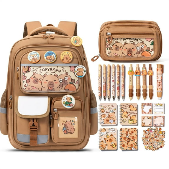 30PCS Cute Capybara Backpack with Stationary Set - Kawaii Casual Outdoor Daypack Bookbag