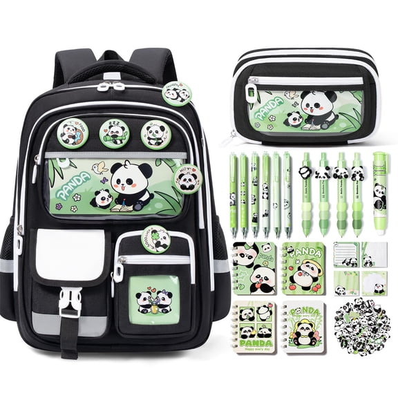 30PCS Cute Panda Backpack with Stationary Set - Kawaii Casual Outdoor Daypack Bookbag