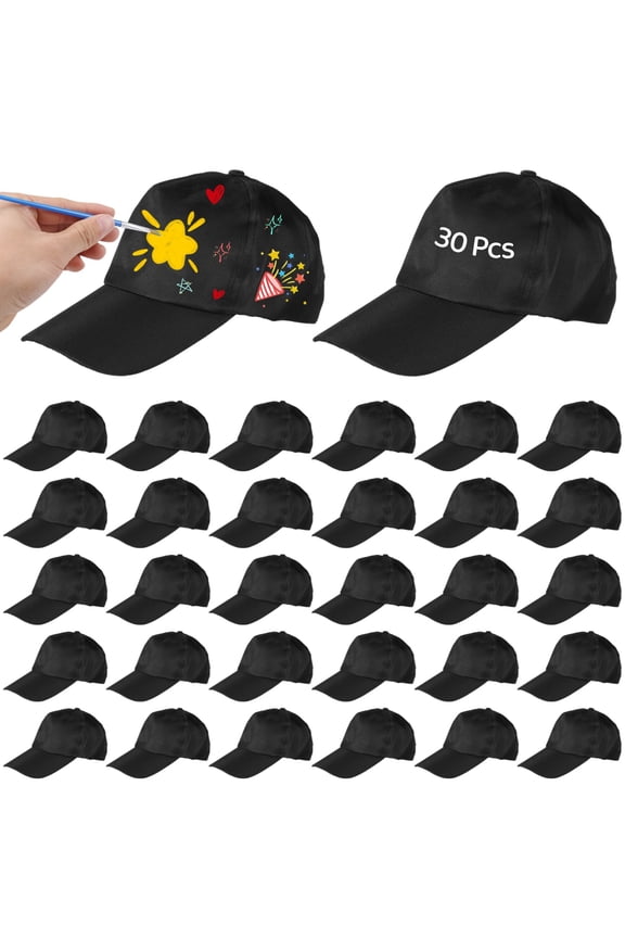 30PCS DIY Baseball Caps, Black Painting Caps, Blank Adjustable Polyester Caps for Little Ones, Outdoor Sports Hats for Camp, Group Events, Craft Projects