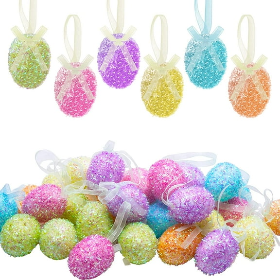 30PCS Easter Glitter Hanging Eggs - Colorful Tinsel Easter Egg Ornaments, Spring Foam Hanging Egg Ornament for Easter Tree Christmas Home Party DIY Craft Decoration