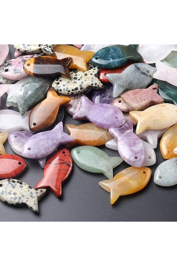 30PCS Fish Shaped Crystal Pendant Set, Handmade Natural Stone Tiger Eye & Amethyst Charms, Leather Cord Choker Necklaces Jewelry