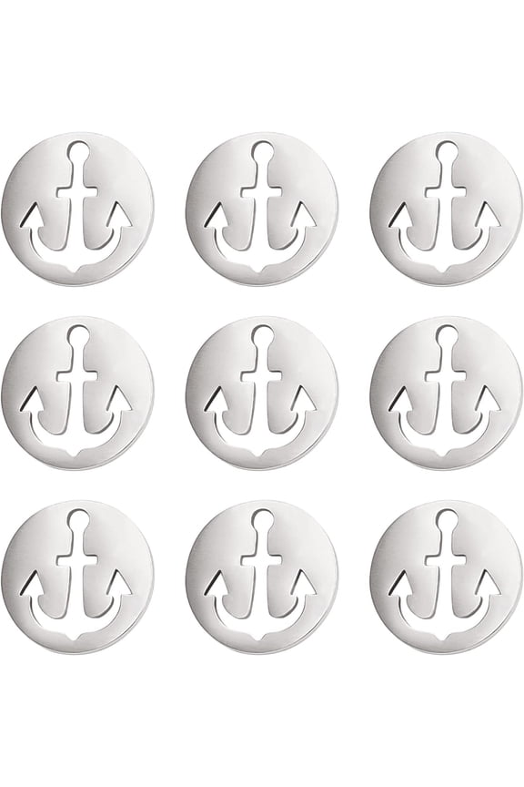 30PCS Flat Round Pendants 304 Stainless Steel Flat Round with Anchor Charms for DIY Necklace Bracelet Jewelry Making Hole: 1.5mm DIY