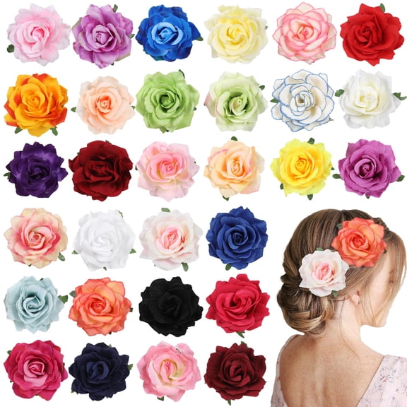 30PCS Flower Hair Clips, Artificial Rose Flower Hair Accessories, Multicolor Fabric Blooms with Hairpins & Brooches, Bridal Headpiece Accessories for Wedding Party