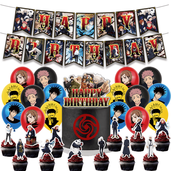 30PCS For Jujutsu Kaisen Birthday Party Decorations,With 1 Happy Birthday Banner Garland,13 Cupcake Toppers,16 Balloons for Party Supplies