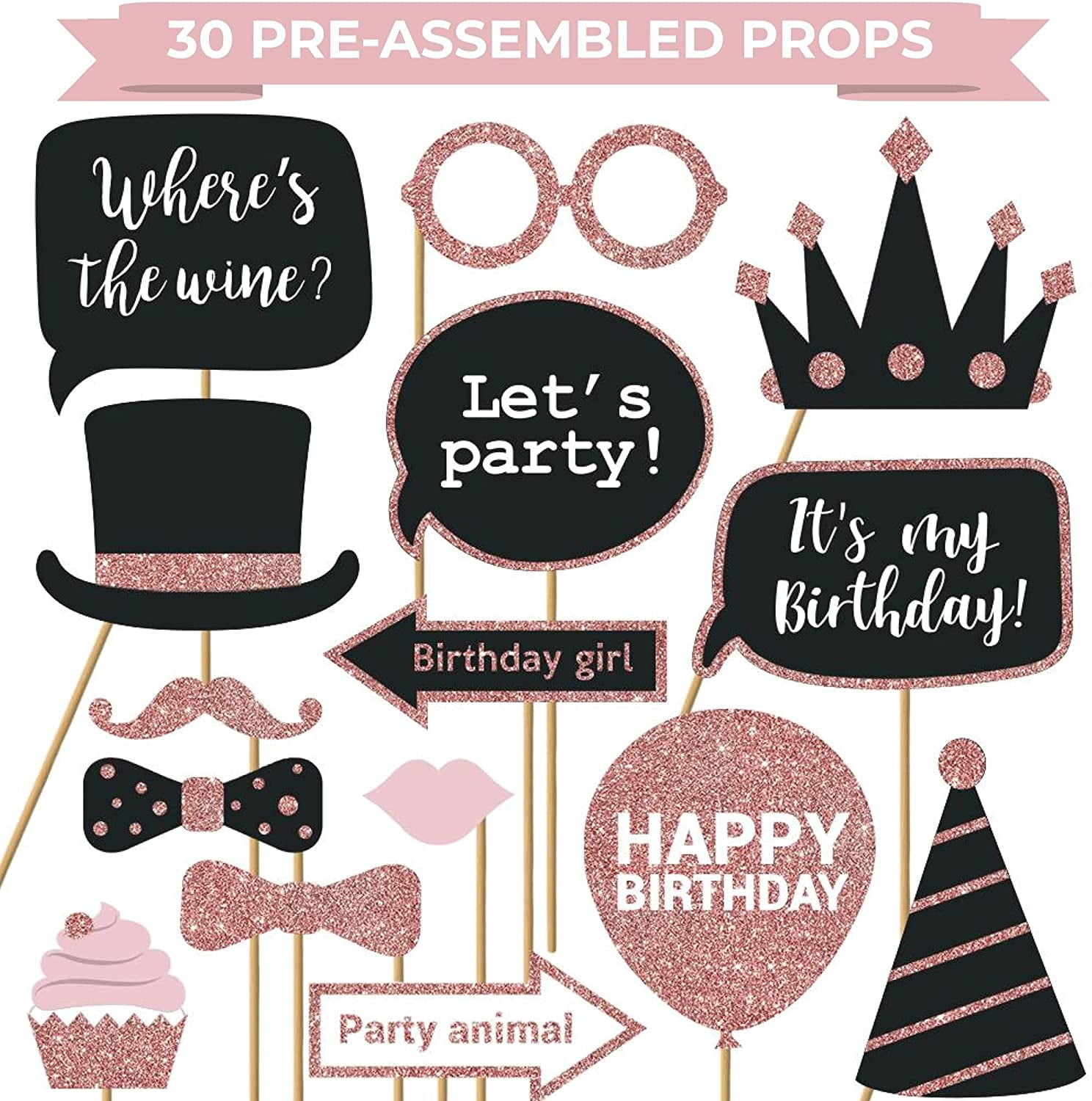 30PCS Fully Assembled Birthday Photo Booth Props, Box Set of Rose Gold and Pink Selfie Party Supplies