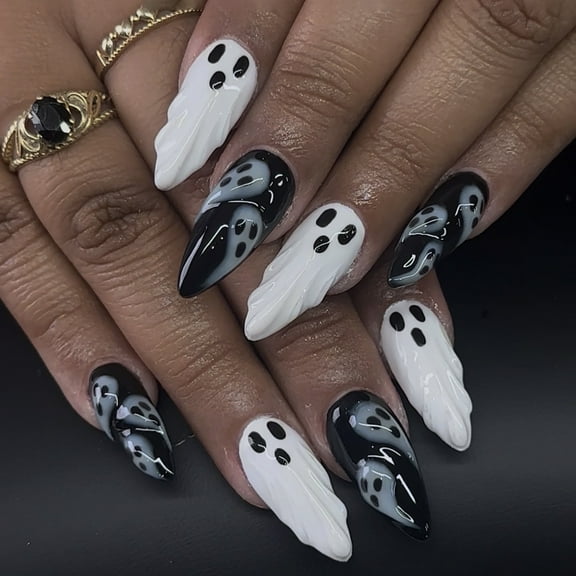 30PCS Halloween Press on Nails, Black & White Cartoon Ghost Design with 3D Stereo Ghost Patterns, Detachable Reusable Acrylic Fake Nails, Festive Manicure Kit for Women Girls, Halloween Party & Spook