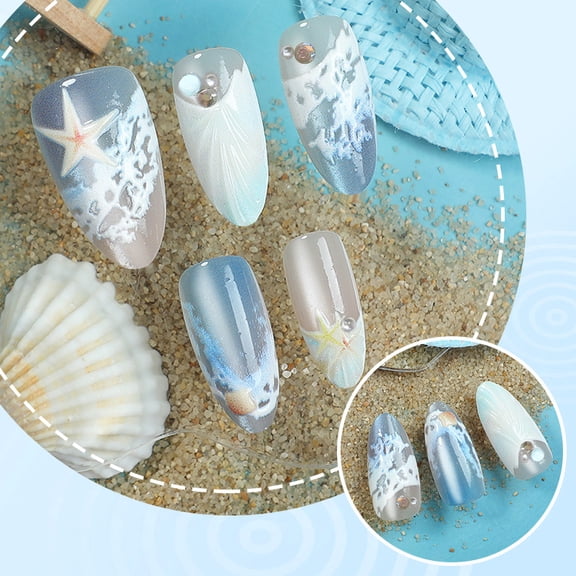 30PCS Handmade Nails Press On Nails 3D Wearable Nails Featuring Waves, Stars, and Seashells Blue Almond Art False Nails Women's Summer Beach Style