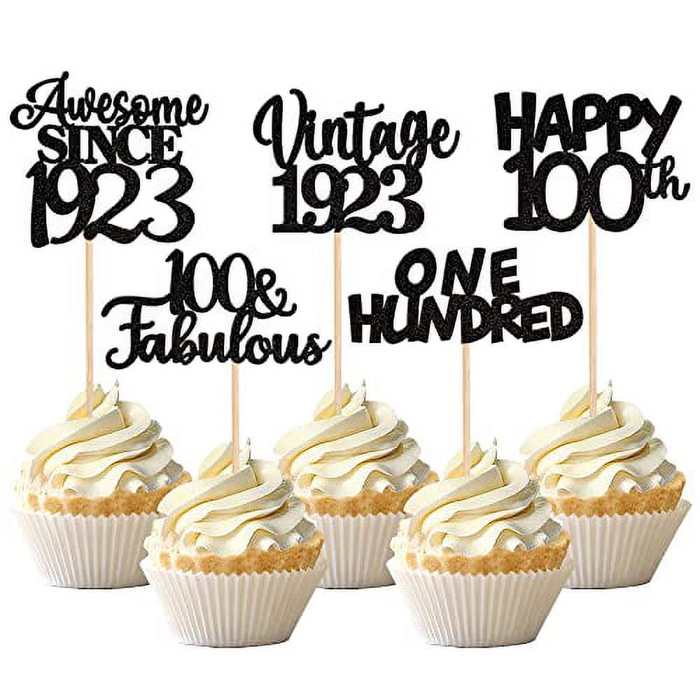 30PCS Happy 100th Birthday Cupcake Toppers Glitter Awesome Since 1923 One Hundred 100 Fabulous Vintage 1923 Cupcake Picksfor 80th Birthday Anniversary Retirement Party Cake Decorations Supplies Black