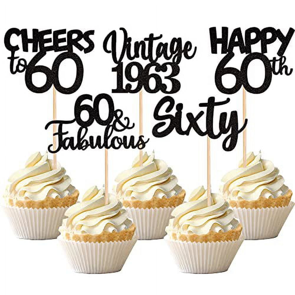 30PCS Happy 60th Birthday Cupcake Toppers Glitter Sixty Vintage 1963 Cupcake Picks Cheers to 60 Fabulous Cake Decorations for 60th Birthday Wedding Anniversary Party Supplies Black
