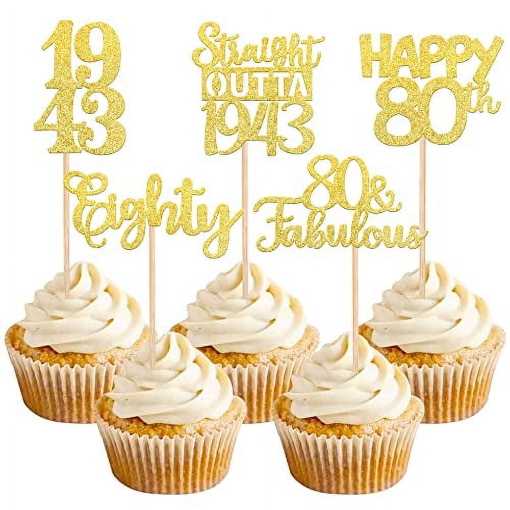 30PCS Happy 80th Birthday Cupcake Toppers Gold Glitter Eighty Straight Outta 1943 Cupcake Picks 80 Fabulous Cake Decorations for 80th Birthday Anniversary Party Decoration Supplies