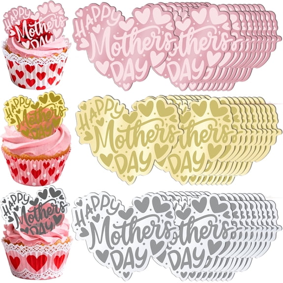 30Pcs Happy Mother’s Day Cake Toppers, Acrylic Cupcake Toppers 3 Different Color Heart Shape Custom Cupcake Picks for Mother's Day Birthday Party Anniversary Pastries Cake Decorations