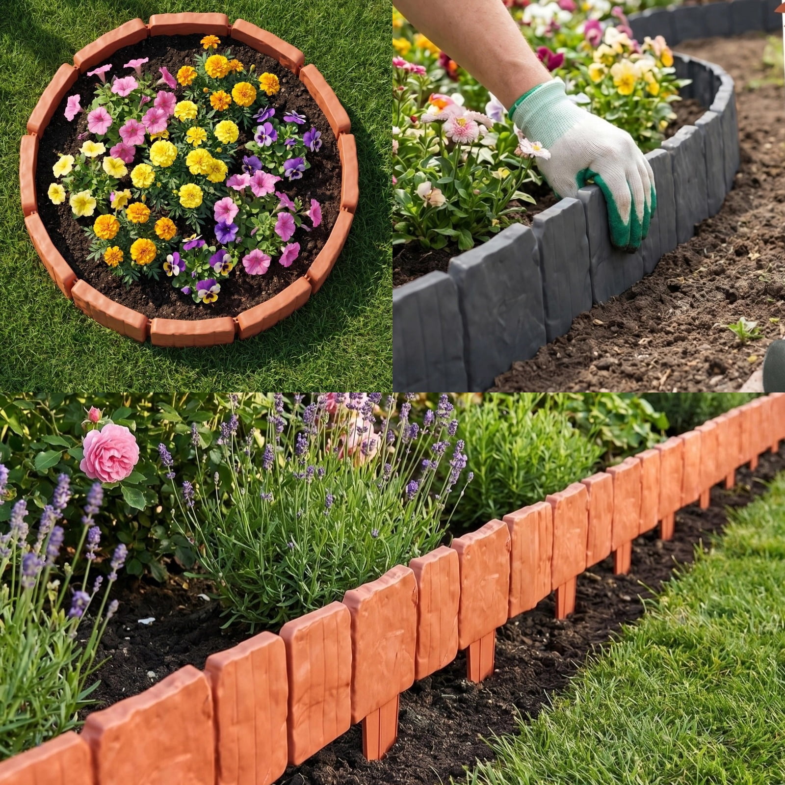 30PCS Imitation Stone Garden Fence Plastic Retaining Edging Border Grey Cobbled Effect Landscape Decor Interlocking Decorative Panels Flower Bed Path Lawn Outdoor Picket Yard Grass Edge