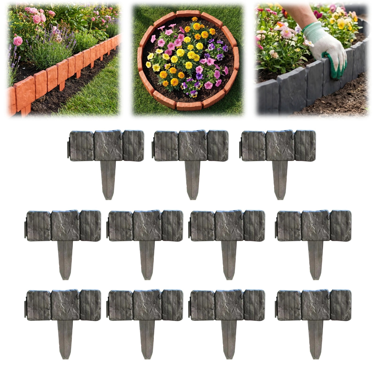 30PCS Imitation Stone Garden Fence, Stone-Look Lawn Edging Border for Flower Beds, Plastic Garden Retaining Edging Fence, Flexible Interlocking Landscape Edging, No Dig Decorative Lawn Border