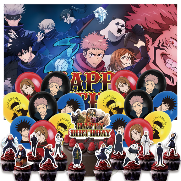 30PCS For Jujutsu Kaisen Theme Birthday Party Decorations Set with 5*3ft Birthday Backdrop Decorations,16 Balloons,13 Cupcake Toppers,All-in-One Kids Celebration Party Kit Supplies