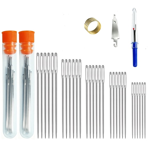 30PCS Large Eye Sewing Needles, 5 Sizes Hand Sewing Sharp Needles with Plastic Storage Tube and Threaders for Stitching, Leather, Embroidery, Repair