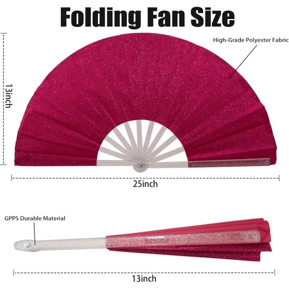 30PCS Large Handheld Rave Folding Fan for Men Women, Foldable Decorative Fans with Glitter Deep Pink for Dance Parties Weddings Music Festivals