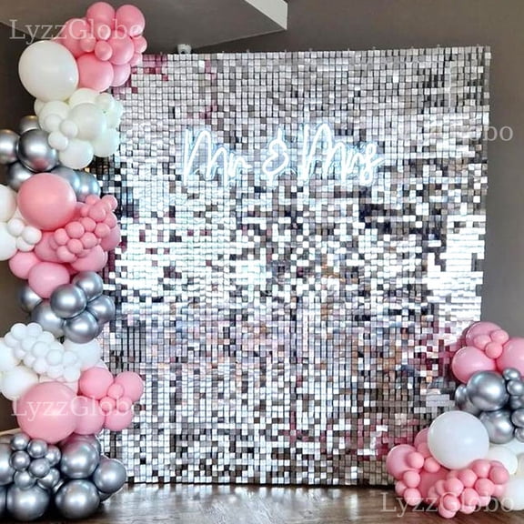 30PCS Metallic Silver Shimmer Wall Panels 5x6FT Silver Square Shimmer Backdrop Panel for Wedding Birthday Anniversary Party Decor
