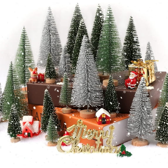 30PCS Mini Christmas Tree Decor, Artificial Christmas Tree 5 Sizes,Mini Sisal Snow Frost Trees with Wooden Base for Christmas Decor Christmas Party Home Table Craft Decoration