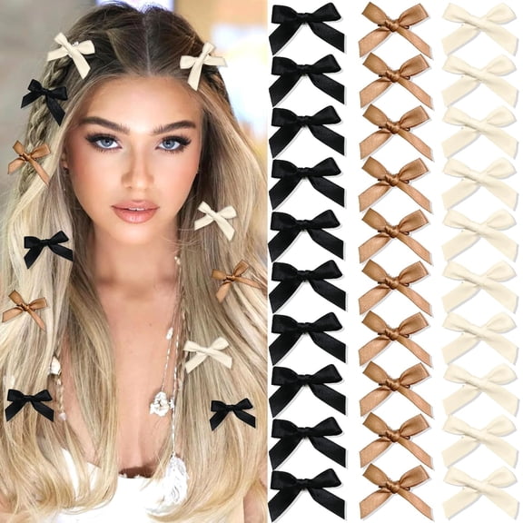 30PCS Mini Hair Bows Beige Black Brown Small Bows for Hair Silky Satin Bows for Women Cute Hair Ribbon Bowknot Barrettes Sweet Alligator Hair Bow Clips Accessories for Teens and Girls