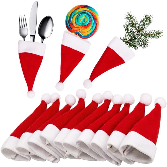 30PCS Mini Santa Hats Christmas Cutlery Holders, 2.4" x 4.7" Christmas Wine Bottle Hats, Cute Santa Claus Lollipop Wraps Hats For Xmas Wedding Party Decor