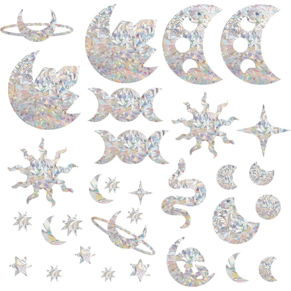 30PCS Moon and Sun ase Window Clings Anti Collision Rainbow Moon ase Window Glass Stickers for Birds Strike Star Decals Non Adhesive Prismatic Vinyl Film for Sliding Doors Windows Glass Mixed Color