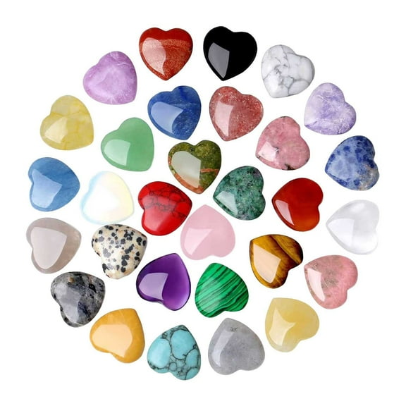 30PCS Natural and Healing Stones Set Valentine's Day Bulk Gifts Heart Gems Gemstones Hearts Polished Thumb Pocket Chakra Stone Amethyst Rose Quartz Reiki Christmas Gifts for Women