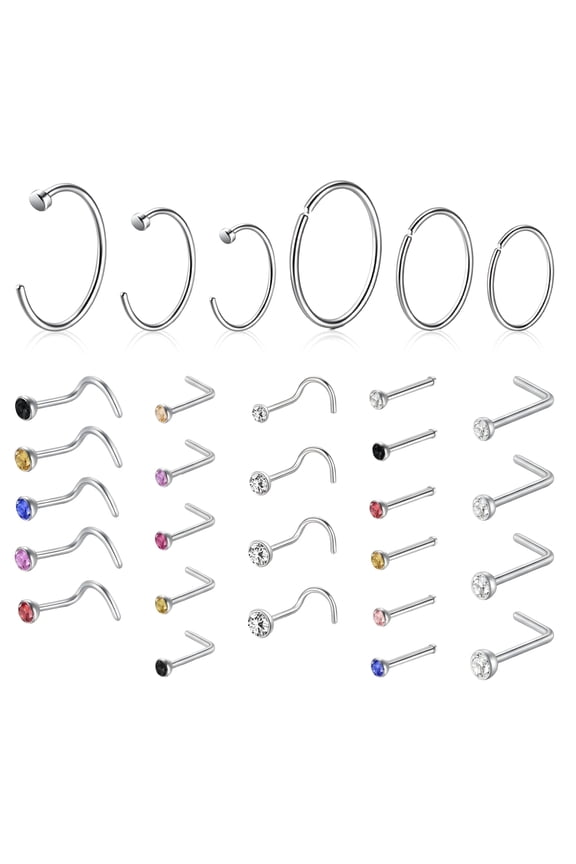 Nose Piercings, 30-Pack Steel Studs with L-Shape, Screw, and Bone Styles, CZ Nose Ring Set for Women and Men, Body Piercing Jewelry Kit