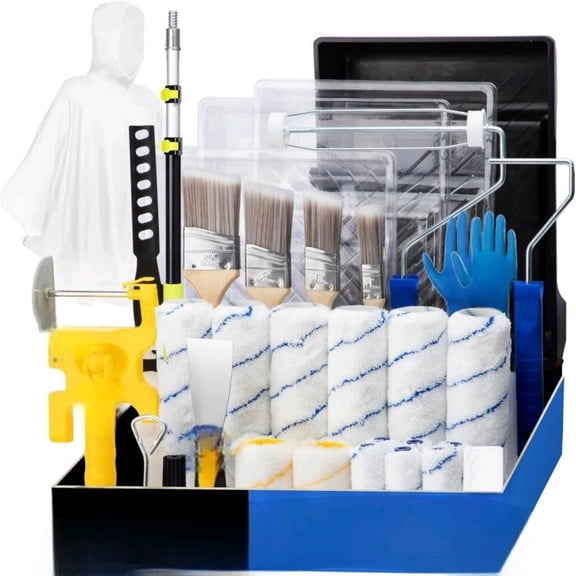 30PCS Paint Roller Kit with Extension Pole-2 to 4 FT,Wall Painting Supplies with Paint Edger Roller Brush 12",House Painting Set with Rainsuit & Drop Cloth for Home|Office|Shop Professional Painting