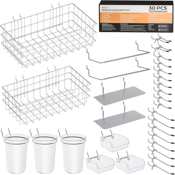 30PCS Peg Board Organizer Accessories Kit, Pegboard Hooks Assortment with Bins, Cups, Wire Baskets and Paper Towel Holder for 1/8 and 1/4 Pegboard Garage Workbench Craft Room Organizing Tools
