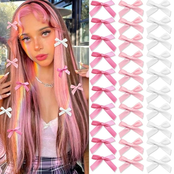 30PCS Pink Mini Hair Bows Small Bowknot Ribbon Barrettes Cute White Bow Clips for Girls Teens Metal Alligator Clips Kawaii Hair Clips Accessories for Thick Thin Hair