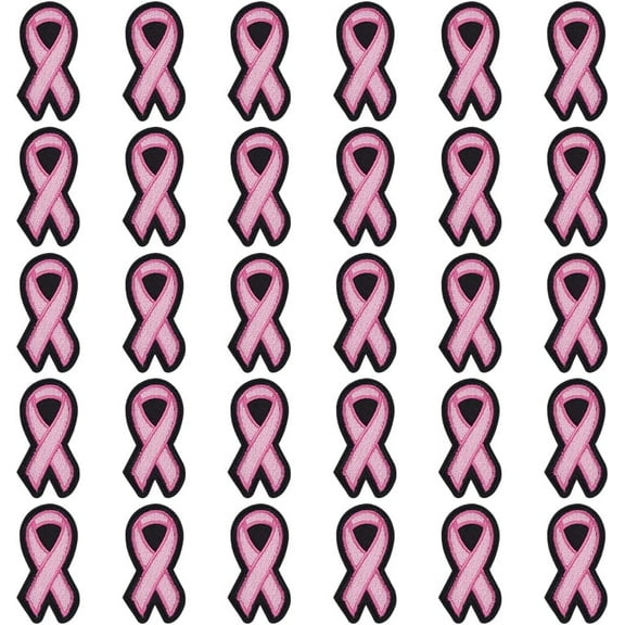 30PCS Pink Ribbon Breast Cancer Awareness Patches 3x1.6inch Iron on/Sew On Pearl Pink Polyester Hot Melt Adhesive Applique Patches Breast Cancer Awareness Embellishment for Decoration