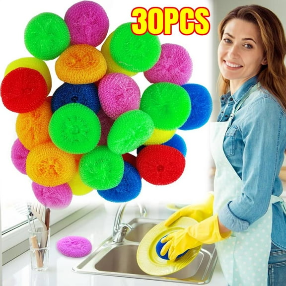 30PCS Plastic Dish Scrubber Sponge Set Rainbow Colors Round Non-Scratch Dish Scrubber Nylon and Poly Mesh Scouring Pads for Dishes, Pots, and Pans