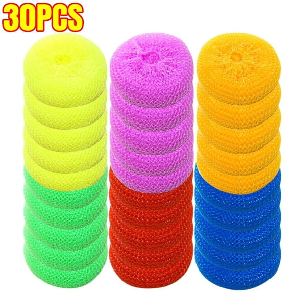 30PCS Plastic Dish Scrubbers for Dishes Plastic Pot Round Scrubber Scouring Pad Nylon Dish Scrubber, Poly Mesh Scouring Dish Pads Non Scratch Scrubbers