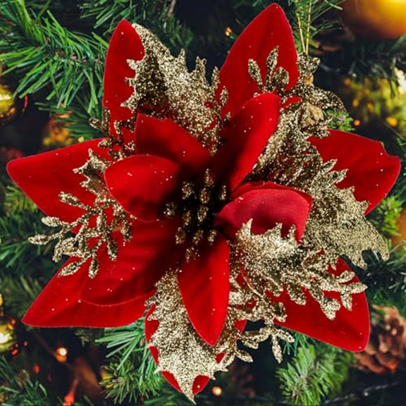 30PCS Poinsettia Flower 5.5" Artificial Poinsettia with Clips Glitter Poinsettia Christmas Ornaments Christmas Tree Flower Decorations with Stems DIY Xmas Wreath Holiday Home Party Decor