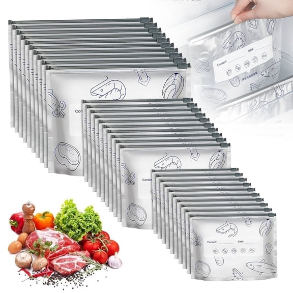 30PCS Reusable Aluminum Foil Sealable Storage Bags,Resealable Vacuum Zipper Pouches for Food, Stand Up Foil Sealable Bags with Label and Zip Lock for Vegetable Fruit Meat