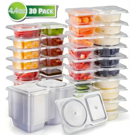 30PCS Reusable Snack Containers 2 Compartment Condiment Container With Lids Snackle Box Container Portion Control for Refrigeration Sauce,Outdoor Takeaway,Travel