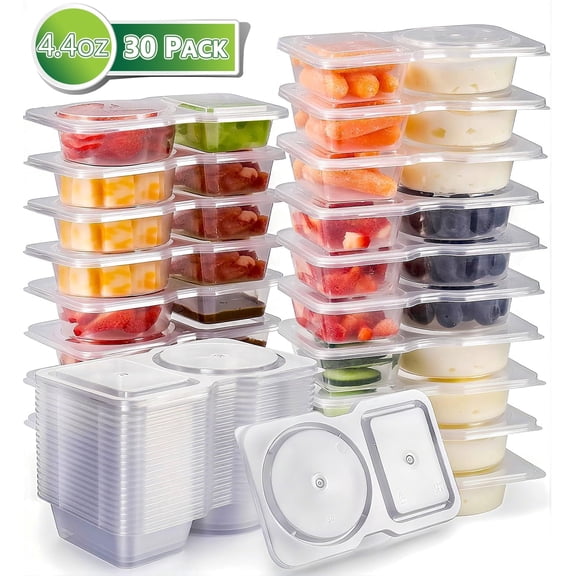 30PCS Reusable Snack Containers 2 Compartment Condiment Container With Lids Snackle Box Container Portion Control for Refrigeration Sauce,Outdoor Takeaway,Travel