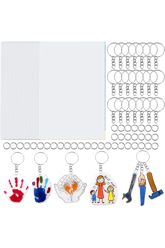 30PCS Shrink Plastic Sheets for Kids with 30 Keychains & 100 Jump Rings, Shrink Films Papers,for DIY Handprint Keychains,1 set fathers day craft