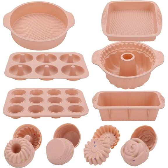 30PCS Silicone Baking Set: Nonstick Silicone Bakeware Sets Including Baking Sheet, Cake Mold, Cake Pan, Toast Mold, Muffin Pan, Donut Pan, and 24 Cupcake Mold Silicone Baking Cups Set (Pink)