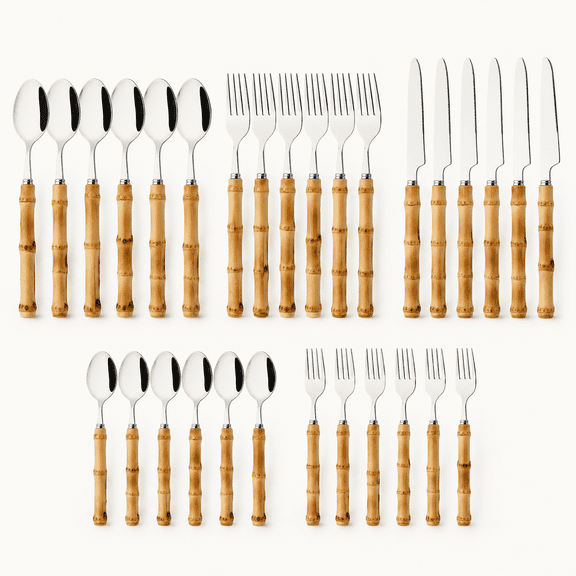 30PCS Silverware Set, Bamboo Handle Flatware Set, Stainless Steel Cutlery Set for Home Restaurant and Party, Bamboo Forks Spoons and Knives Set, Polished Tableware