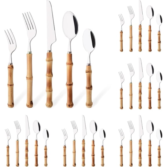 30PCS Silverware Set for 6, Bamboo Handle Flatware Set, Stainless Steel Cutle...