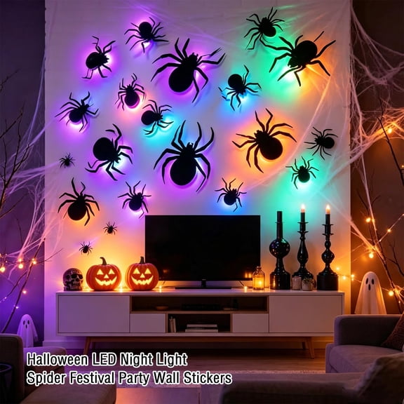 30PCS Spiders wall decor halloween outdoor decorations 3D LED Light Up Black Spider Stickers with Colorful Lights Removable PVC Decals for Home Indoor Outdoor Wall Window Door Party Scene