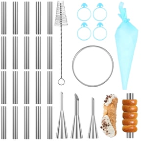 30PCS Stainless Steel Cannoli Tubes Set Nonstick Tubular Shape Mold Round Cookie Cutter Piping Tip and Bag with Cleaning Brush for Pastry Cream Roll