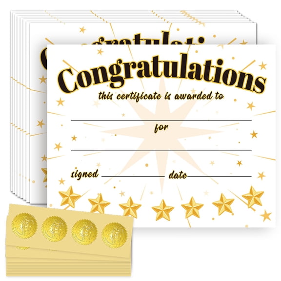30PCS Stars Certificates of Achievement Completion Award Recognition Paper with 32Pcs Gold Seal Stickers 9.8"x7.8" Gold Blank Student Activities Award Graduation Diploma Certificates