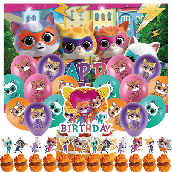 30PCS For Super Kitties Theme Birthday Party Decorations Set with 5*3ft Birthday Backdrop Decorations,16 Balloons,13 Cupcake Toppers,All-in-One Kids Celebration Party Kit Supplies