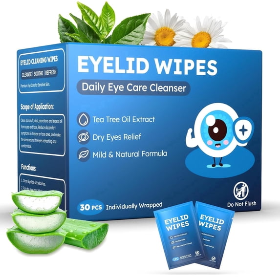 30PCS Tea Tree Oil Eyelid Wipes,Individually Wrapped Eye Lid Cleaning Wipes,Soothing For Sensitive Eyes, Stay Hydrated Lid Wipe