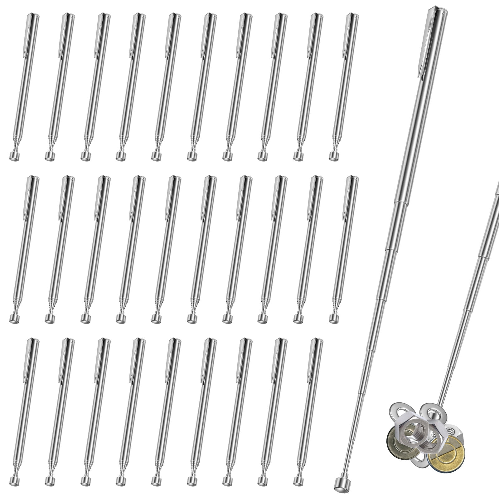 30PCS Telescoping Magnetic Pick up Tool 25.59" Grabber Reacher Tool with Pocket Clip Telescopic Retrieving Magnet Present for Man Father Mechanic Handyman Husband (Silver)