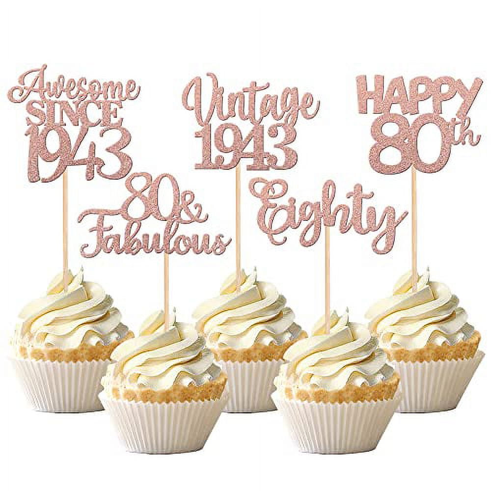 30PCS Vintage 1943 Cupcake Toppers Glitter Eighty 80 Fabulous Happy 80th Birthday Cupcake Picks Awesome Since 1943 Cake Decorations for 80th Birthday Anniversary Retirement Party Supplies Rose Gold