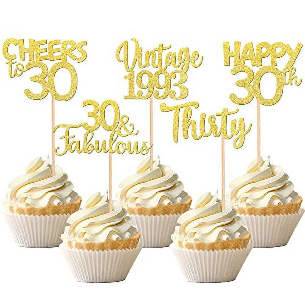 30PCS Vintage 1993 Cupcake Toppers Glitter Thirty Happy 30th Birthday 30 Fabulous Cupcake Picks Cheers to 30 Years for 30th Birthday Wedding Anniversary Party Cake Decorations Supplies Gold