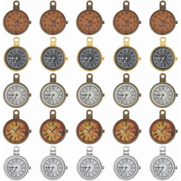 30PCS Vintage Clock Face Charms Bulk - Silver Golden Bronze - Enamel Alloy - DIY Jewelry Making Charms for Bracelets Necklaces Earrings & Gifts 1box